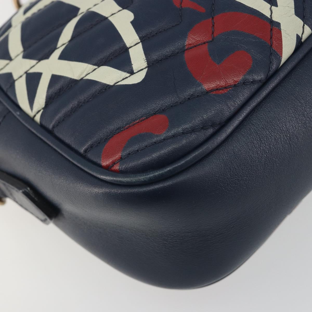 GUCCI GG Marmont Shoulder Bag Leather Navy Gold 447632 Auth ka5749A
