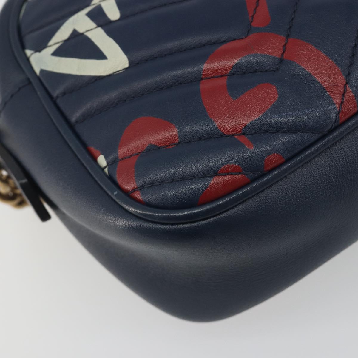 GUCCI GG Marmont Shoulder Bag Leather Navy Gold 447632 Auth ka5749A