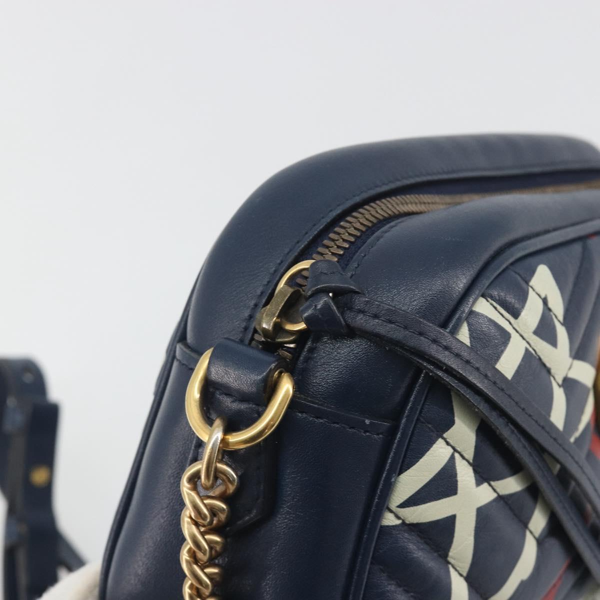 GUCCI GG Marmont Shoulder Bag Leather Navy Gold 447632 Auth ka5749A