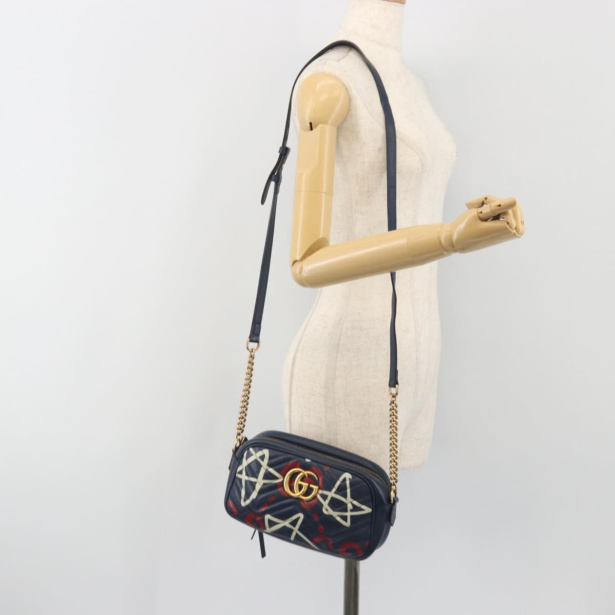 GUCCI GG Marmont Shoulder Bag Leather Navy Gold 447632 Auth ka5749A