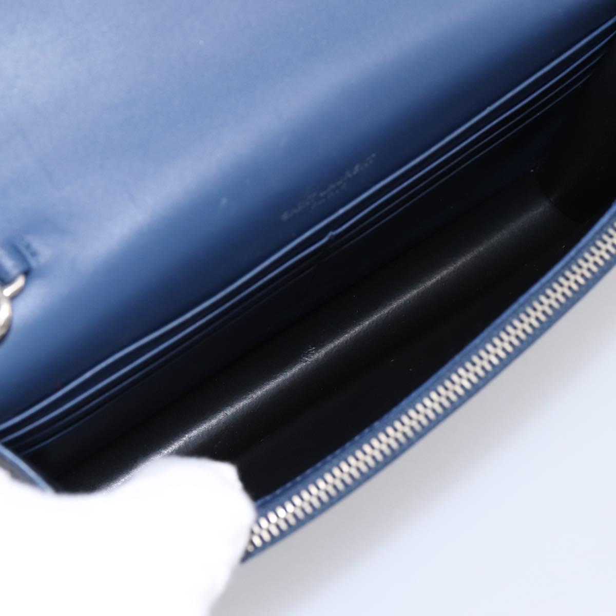 SAINT LAURENT Kate Chain Shoulder Wallet Leather Navy Silver Auth ka5752V