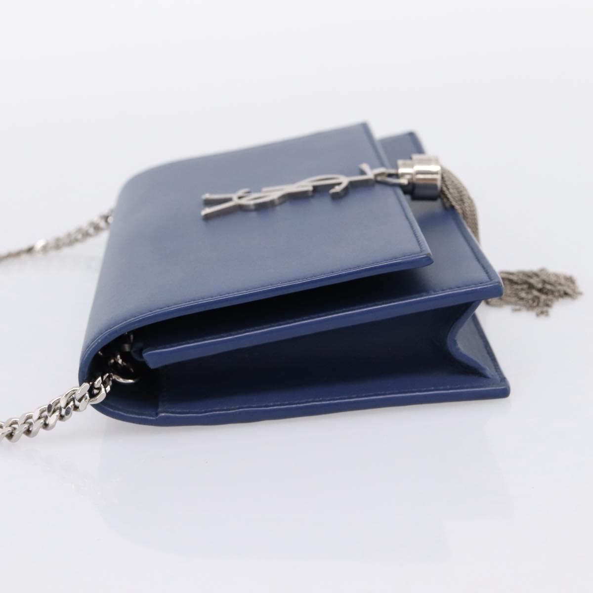 SAINT LAURENT Kate Chain Shoulder Wallet Leather Navy Silver Auth ka5752V