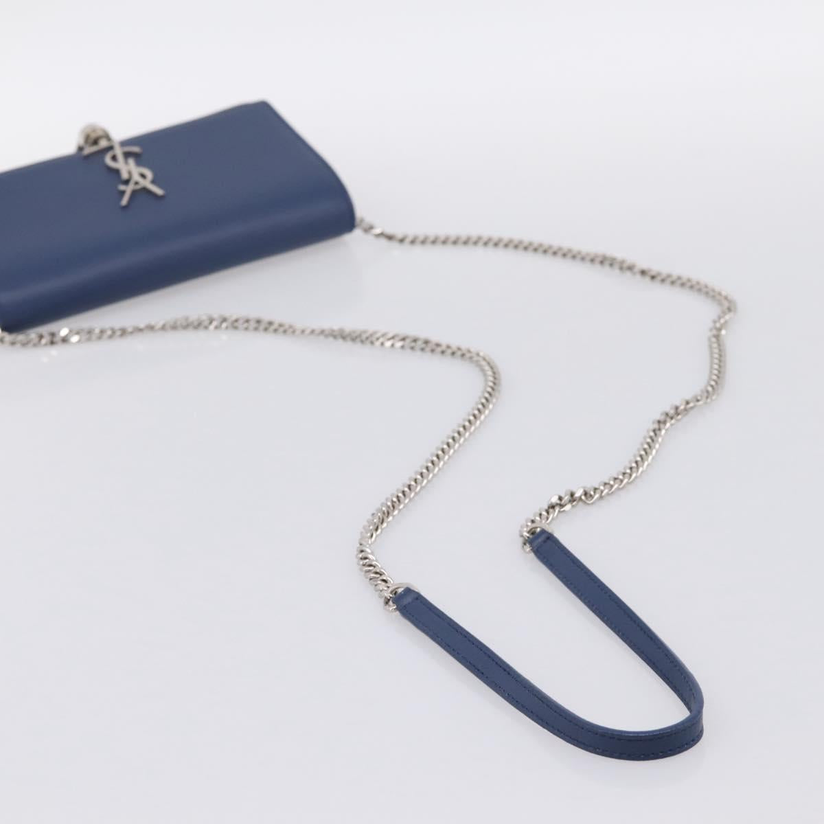 SAINT LAURENT Kate Chain Shoulder Wallet Leather Navy Silver Auth ka5752V