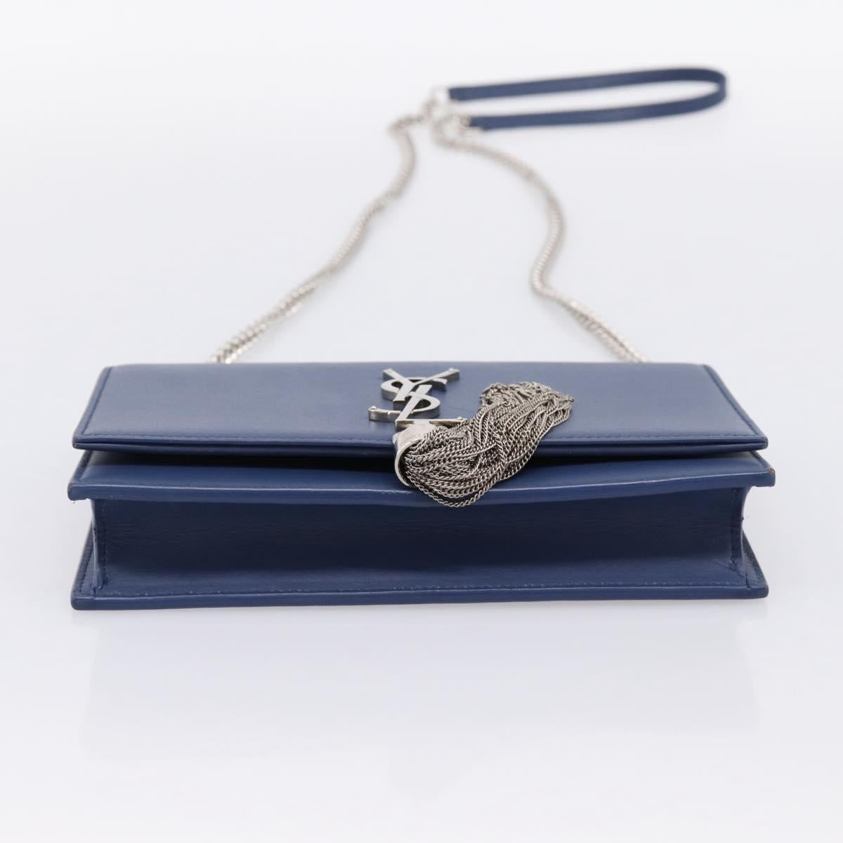 SAINT LAURENT Kate Chain Shoulder Wallet Leather Navy Silver Auth ka5752V