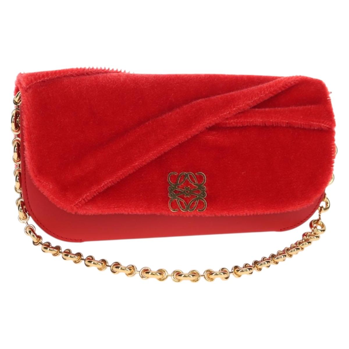 LOEWE Chain Goya Shoulder Bag Leather Red Gold Auth ka576M