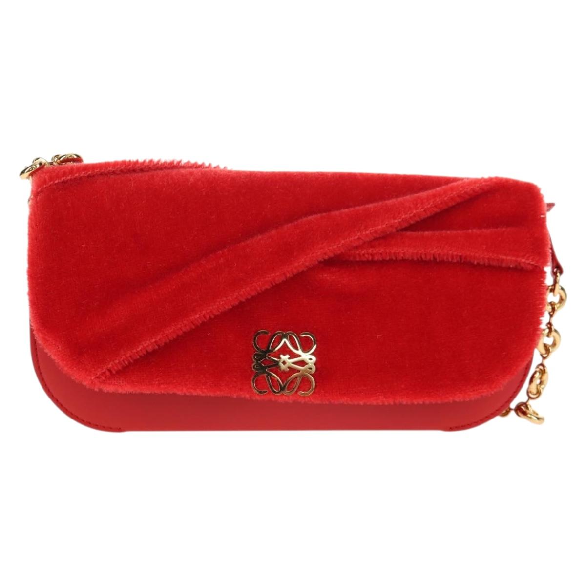 LOEWE Chain Goya Shoulder Bag Leather Red Gold Auth ka576M