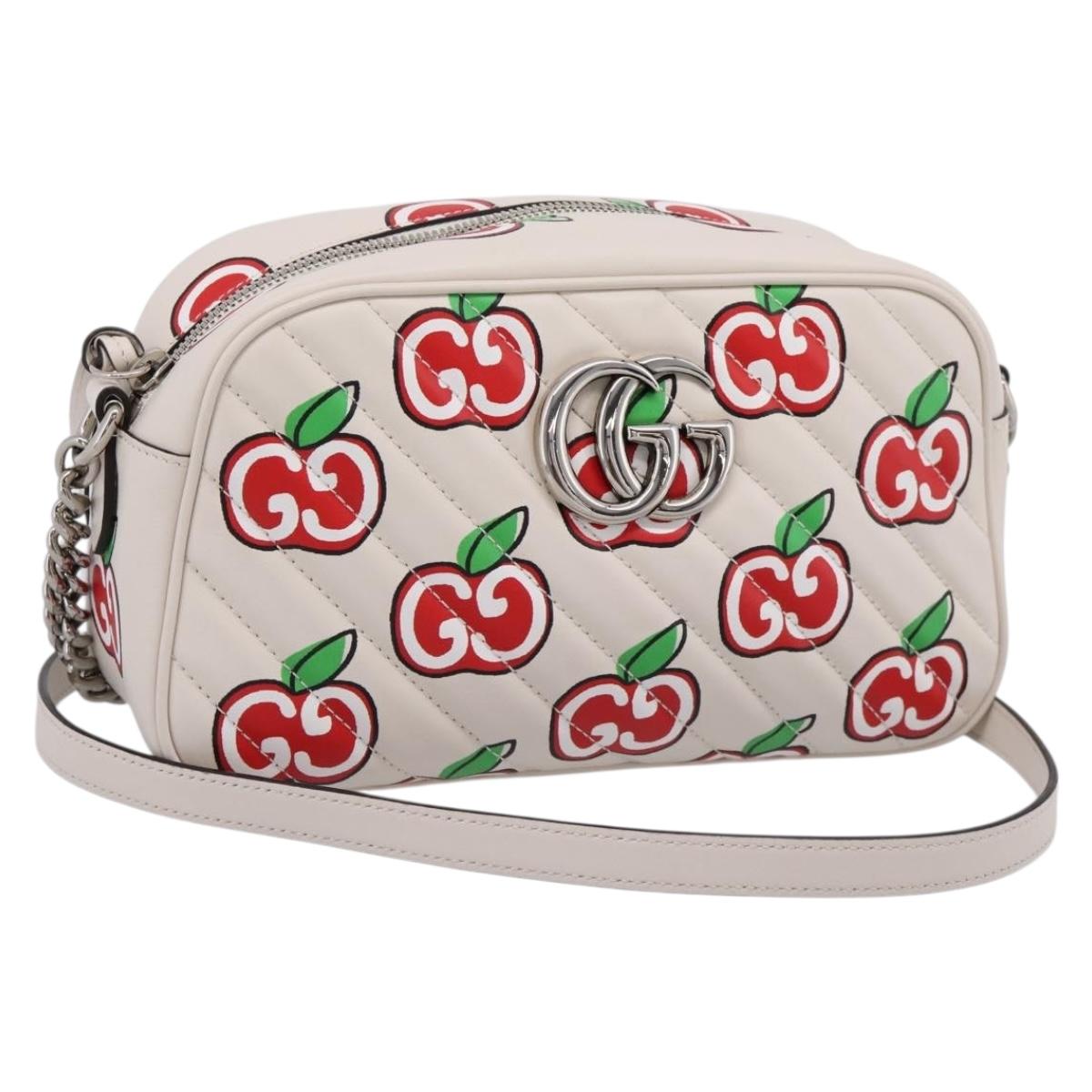 GUCCI GG Marmont Apple Shoulder Bag Leather White Silver 447632 Auth ka5779M