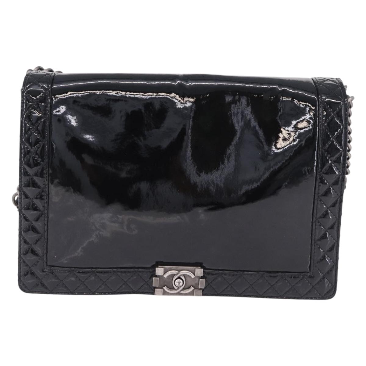 CHANEL Matelasse Boy Chanel Chain Bag Patent leather Black CC Auth ka5793V