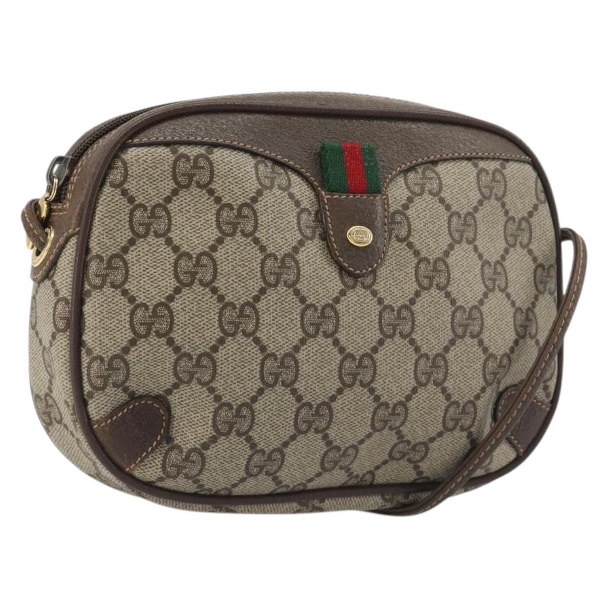 GUCCI GG Supreme Web Sherry Line Bag PVC Beige Gold 156 02 066 Auth ka5796