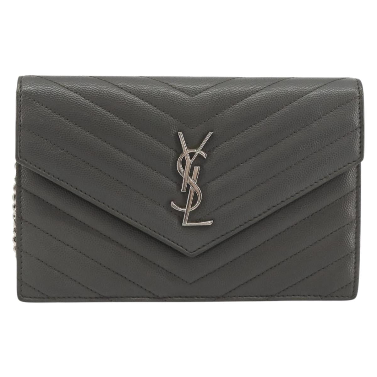 SAINT LAURENT Cassandra Chain Shoulder Wallet Leather Gray Silver Auth ka5813V