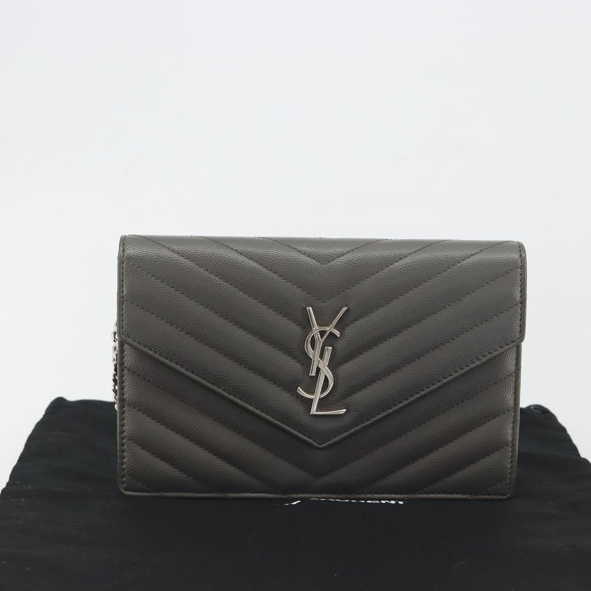 SAINT LAURENT Cassandra Chain Shoulder Wallet Leather Gray Silver Auth ka5813V