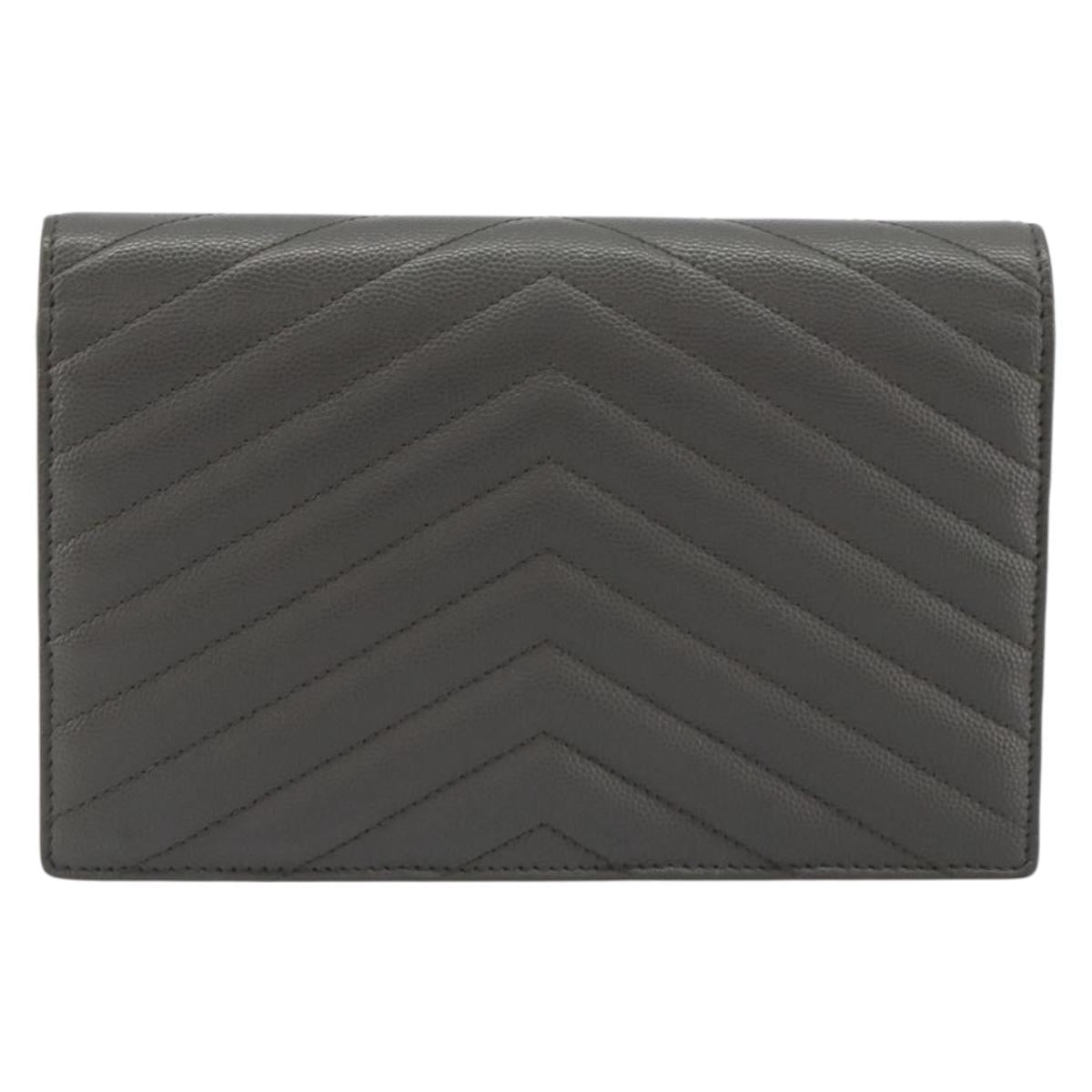 SAINT LAURENT Cassandra Chain Shoulder Wallet Leather Gray Silver Auth ka5813V