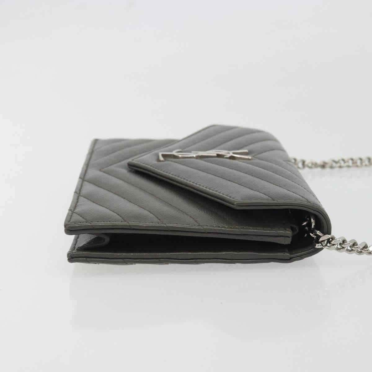 SAINT LAURENT Cassandra Chain Shoulder Wallet Leather Gray Silver Auth ka5813V