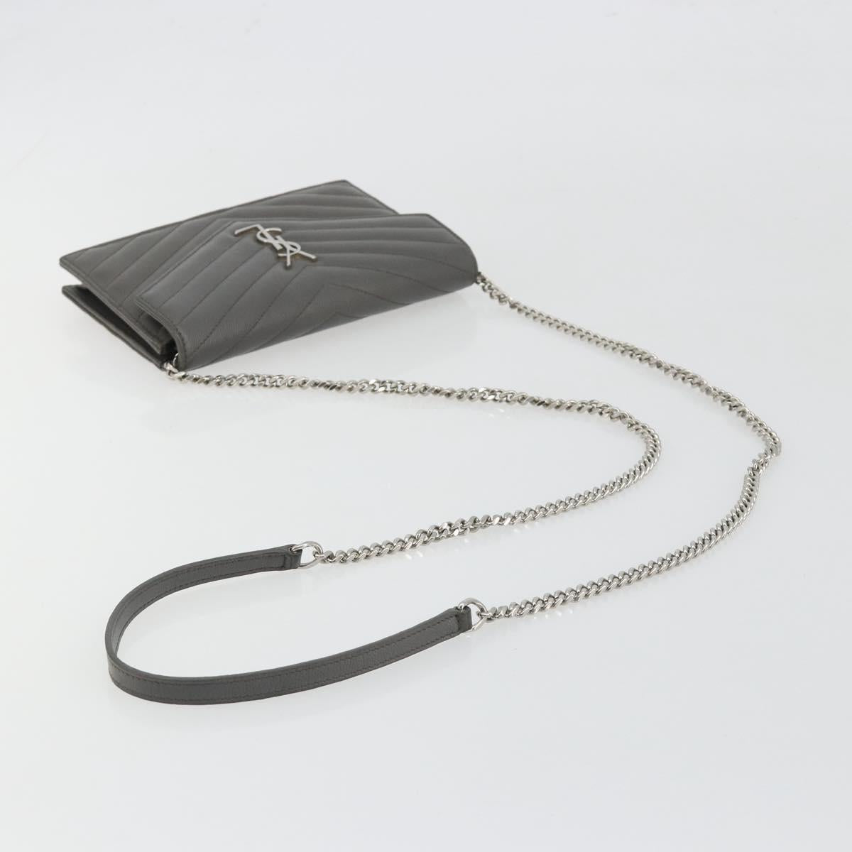 SAINT LAURENT Cassandra Chain Shoulder Wallet Leather Gray Silver Auth ka5813V