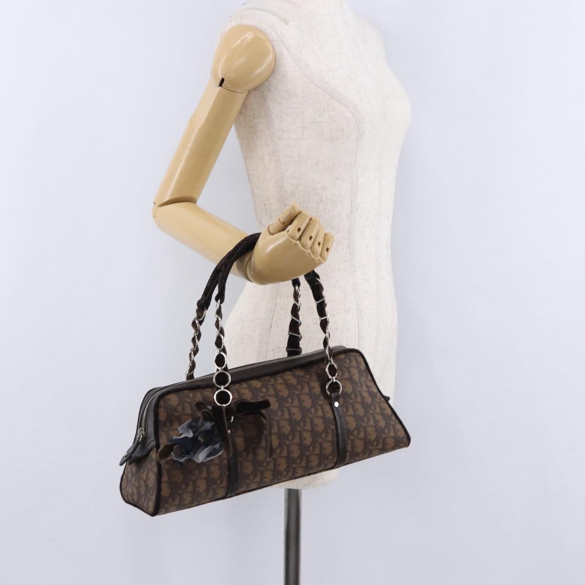 Christian Dior Trotter Canvas Romantic Hand Bag PVC Brown Silver Auth ka5838V