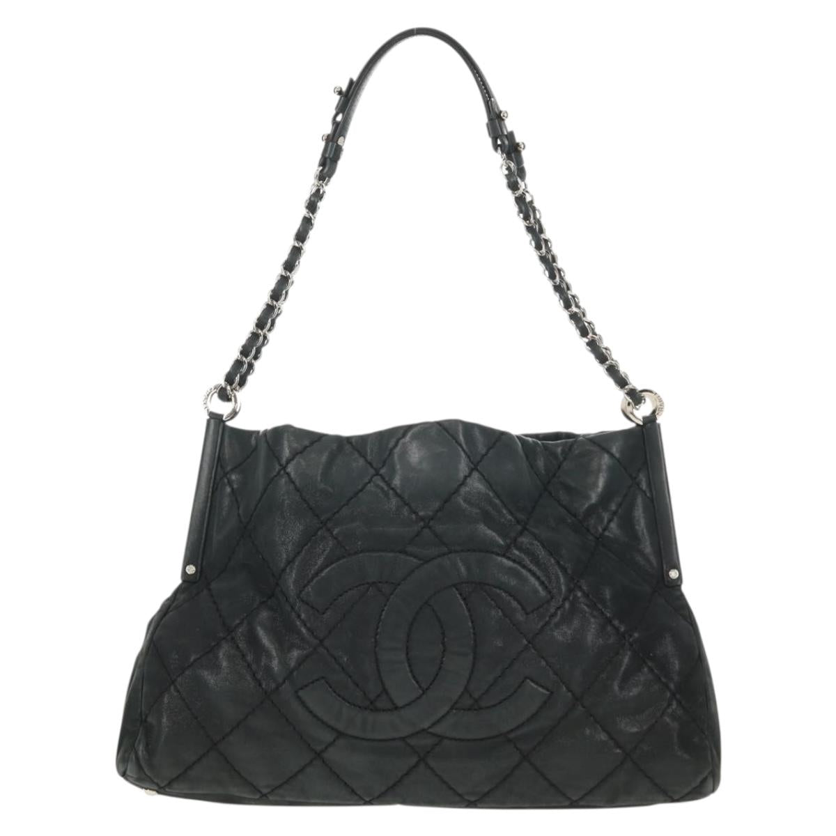 CHANEL Chain Shoulder Bag Coated Canvas Black Silver CC Auth ka583V