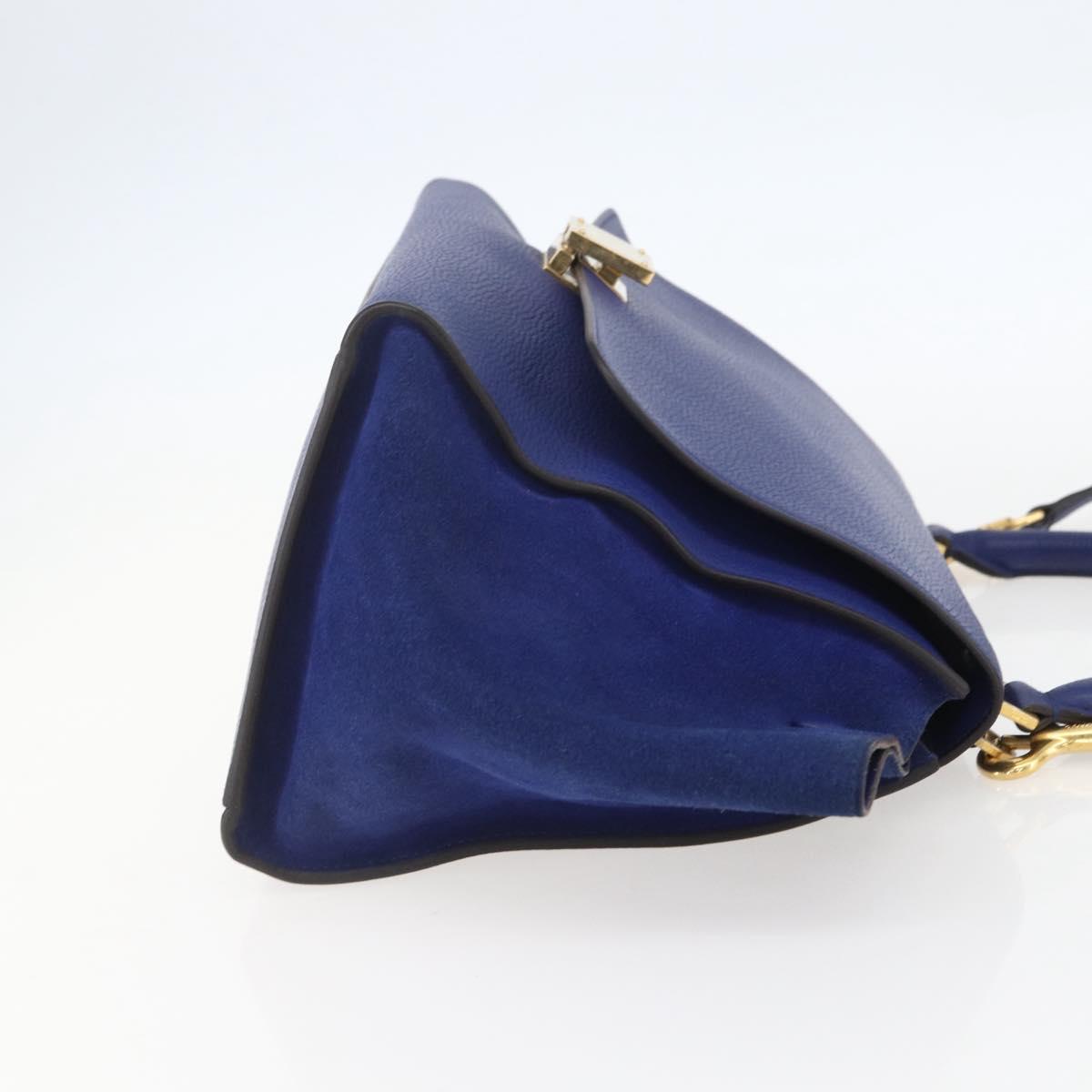 CELINE Trapeze Hand Bag Leather 2way Blue Gold Auth ka584