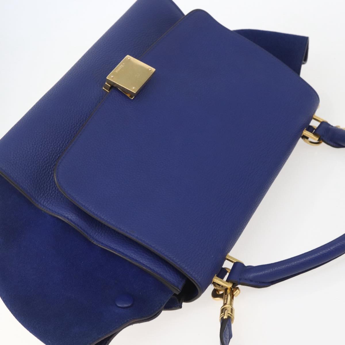 CELINE Trapeze Hand Bag Leather 2way Blue Gold Auth ka584