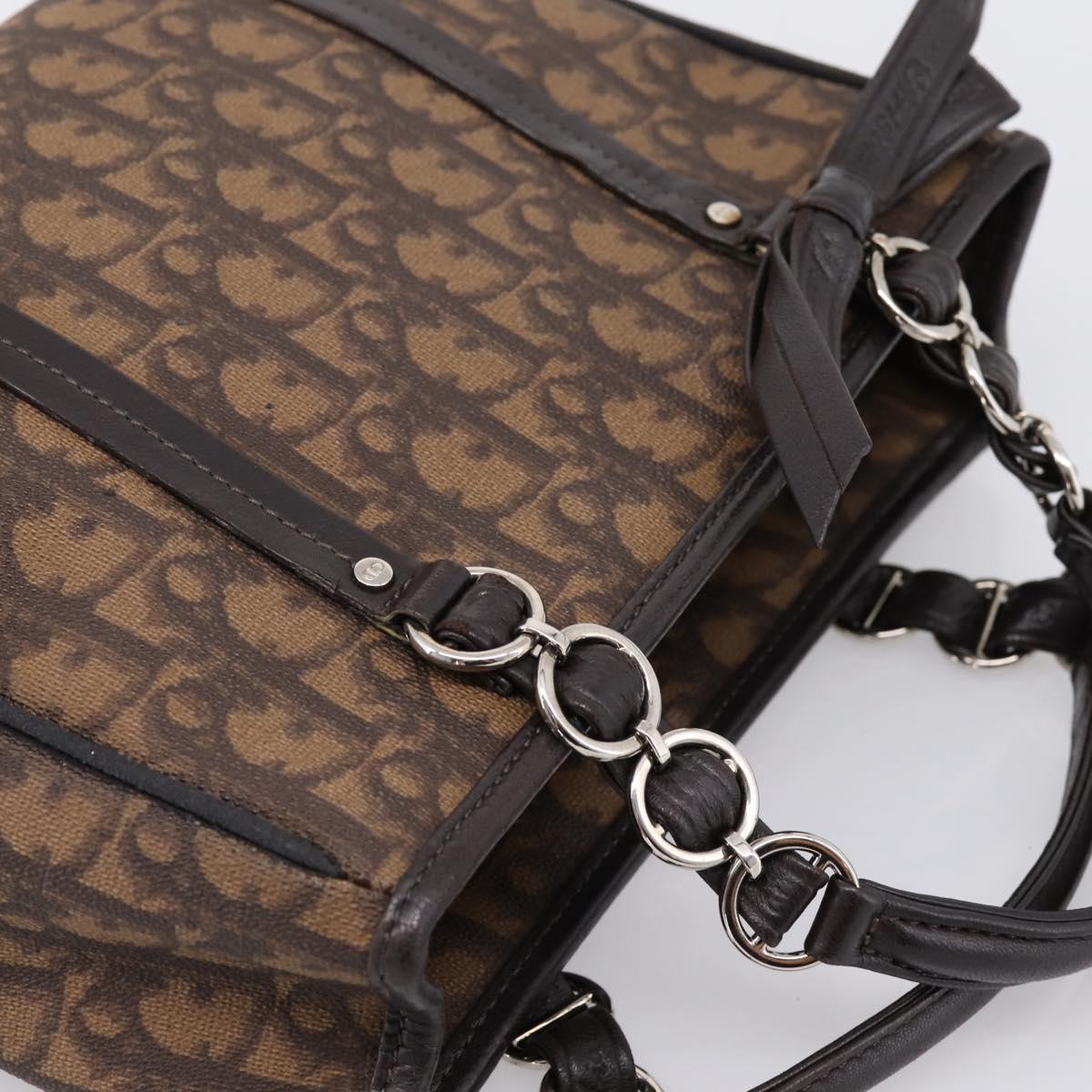 Christian Dior Trotter Canvas Hand Bag PVC Brown Silver Auth ka5864V