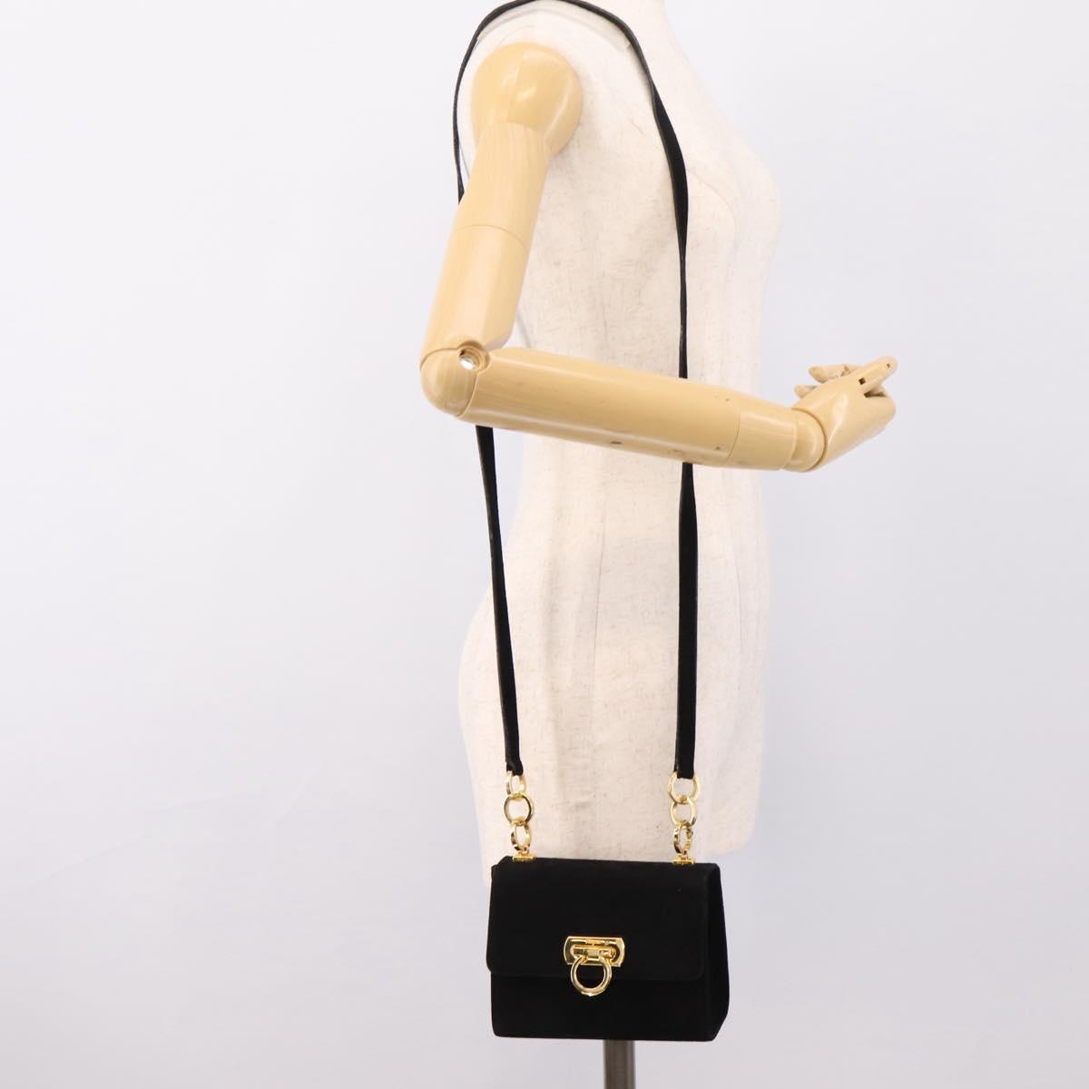 Salvatore Ferragamo Gancini Shoulder Bag Suede Black Gold Auth ka5909