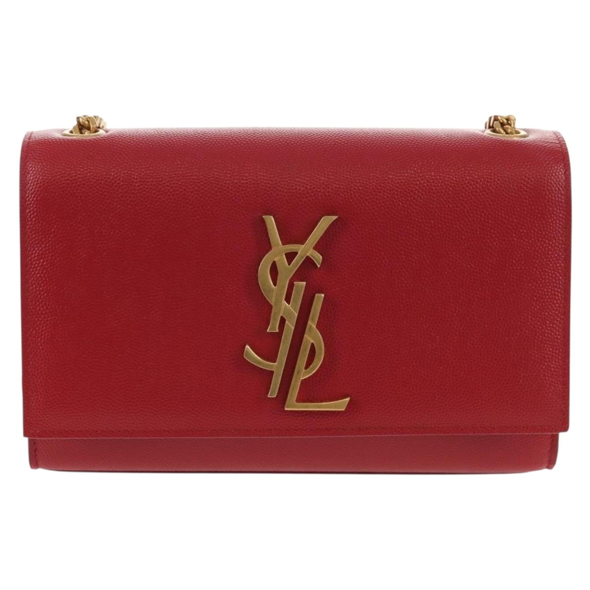 SAINT LAURENT Chain Shoulder Bag Leather Red Gold Auth ka590M