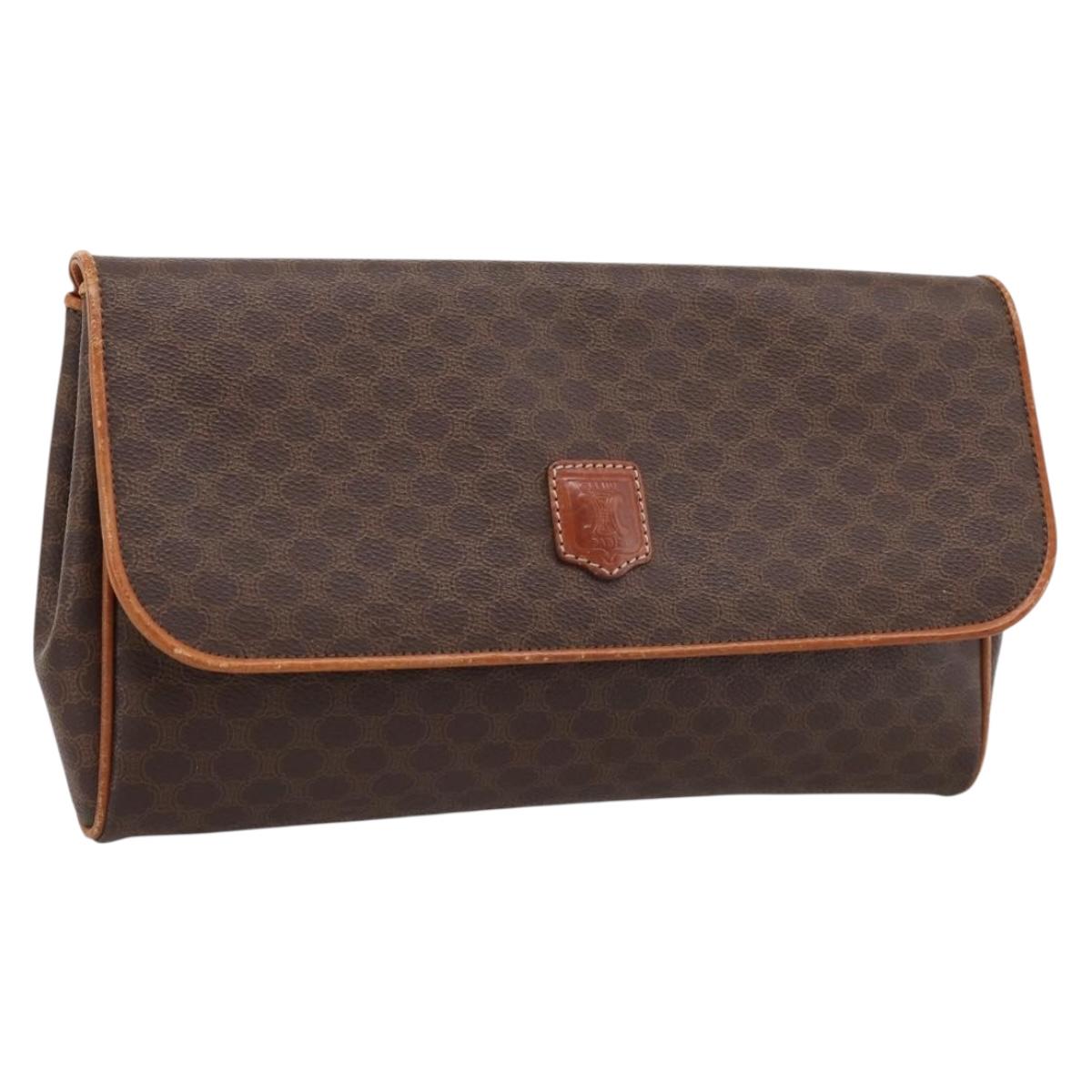 CELINE Macadam Canvas Clutch Bag PVC Leather Brown Gold Auth ka5944
