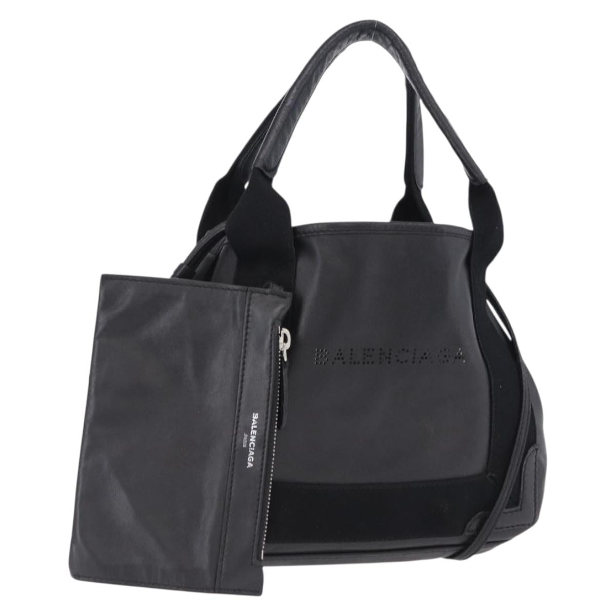 BALENCIAGA Navy Cabas XS Hand Bag Leather 2way Black Silver 390346 Auth ka5961