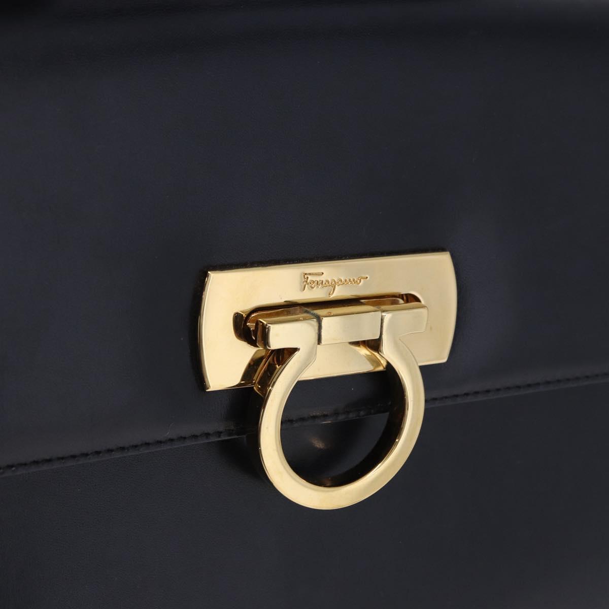 Salvatore Ferragamo Gancini Hand Bag Leather Navy Gold Auth ka5976