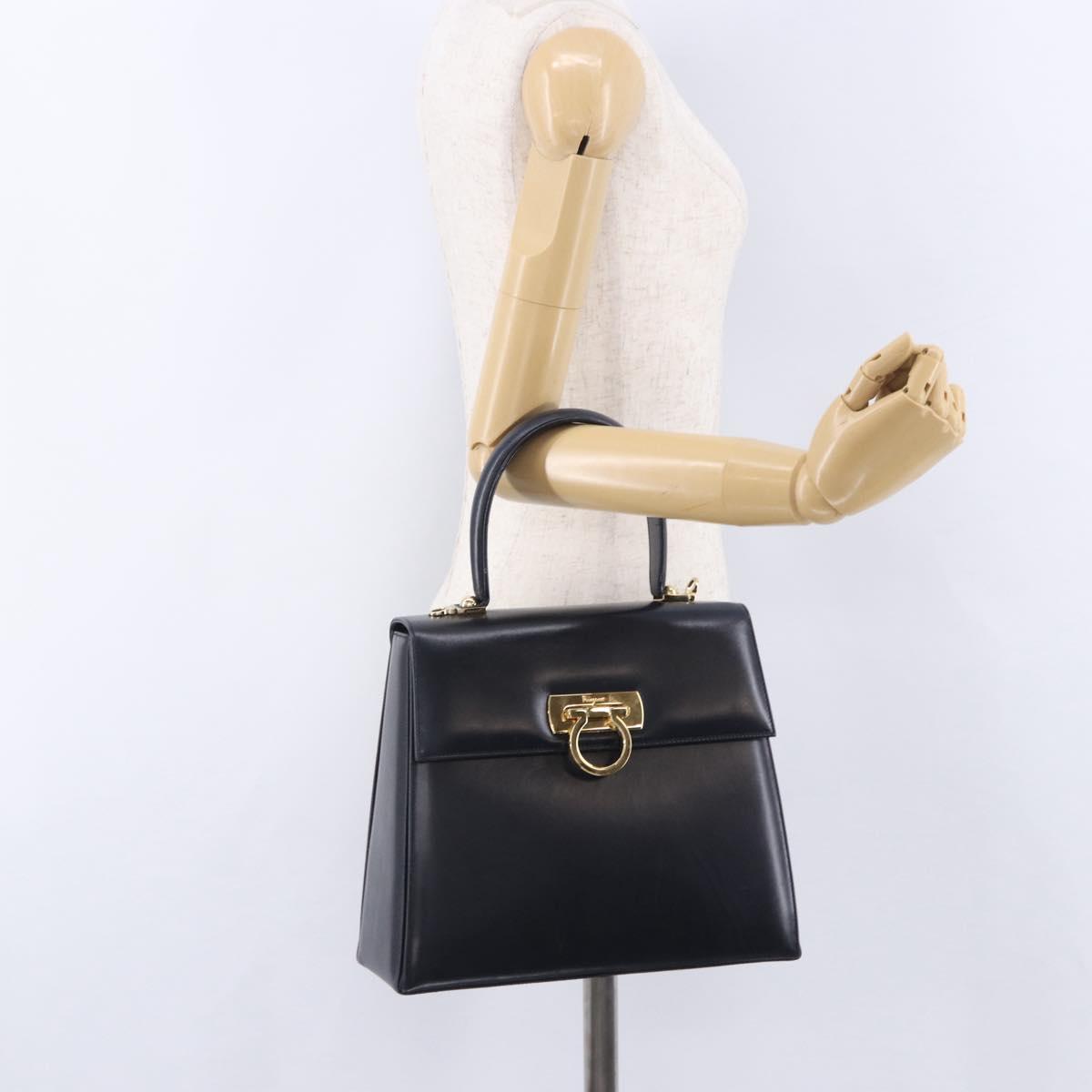 Salvatore Ferragamo Gancini Hand Bag Leather Navy Gold Auth ka5976