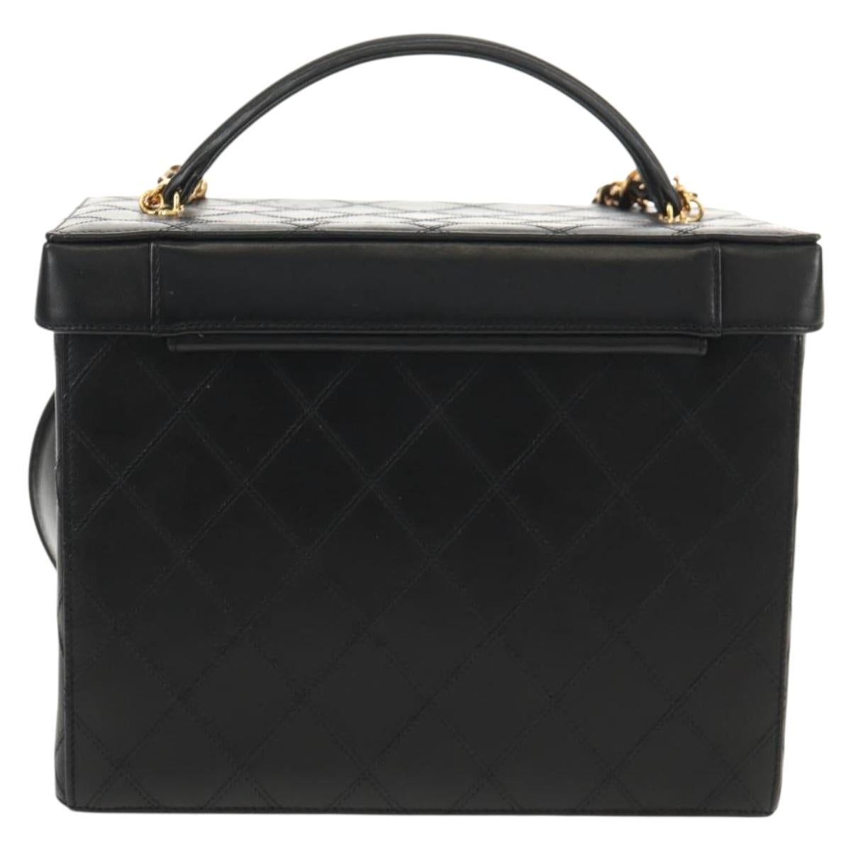 CHANEL Bicolore Vanity Hand Bag Lamb Skin Black Gold CC Auth ka597V