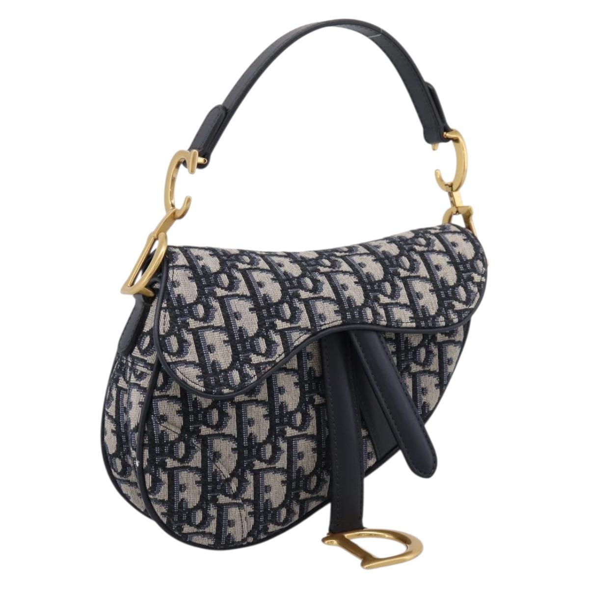Christian Dior Trotter Canvas Saddle Hand Bag Navy Gold Auth ka5981SAM
