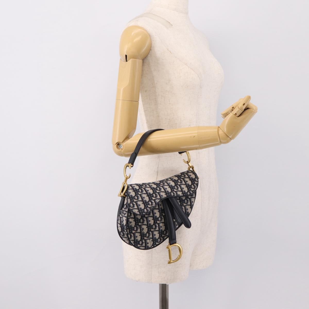 Christian Dior Trotter Canvas Saddle Hand Bag Navy Gold Auth ka5981SAM