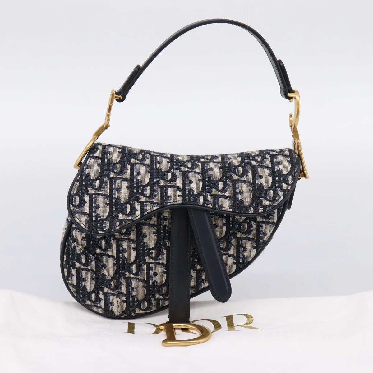 Christian Dior Trotter Canvas Saddle Hand Bag Navy Gold Auth ka5981SAM