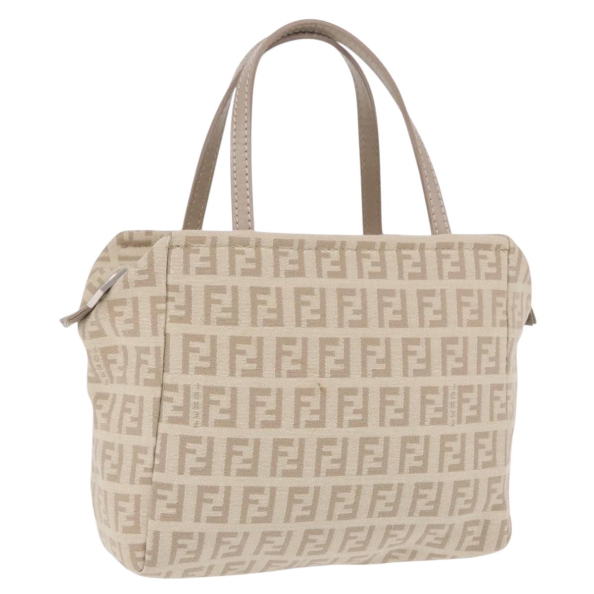 FENDI Zucchino Canvas Hand Pouch Beige Silver Auth ka5985A