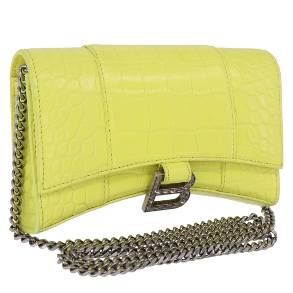 BALENCIAGA Chain Shoulder Bag Leather Croco Embossed Yellow Silver Auth ka5986M