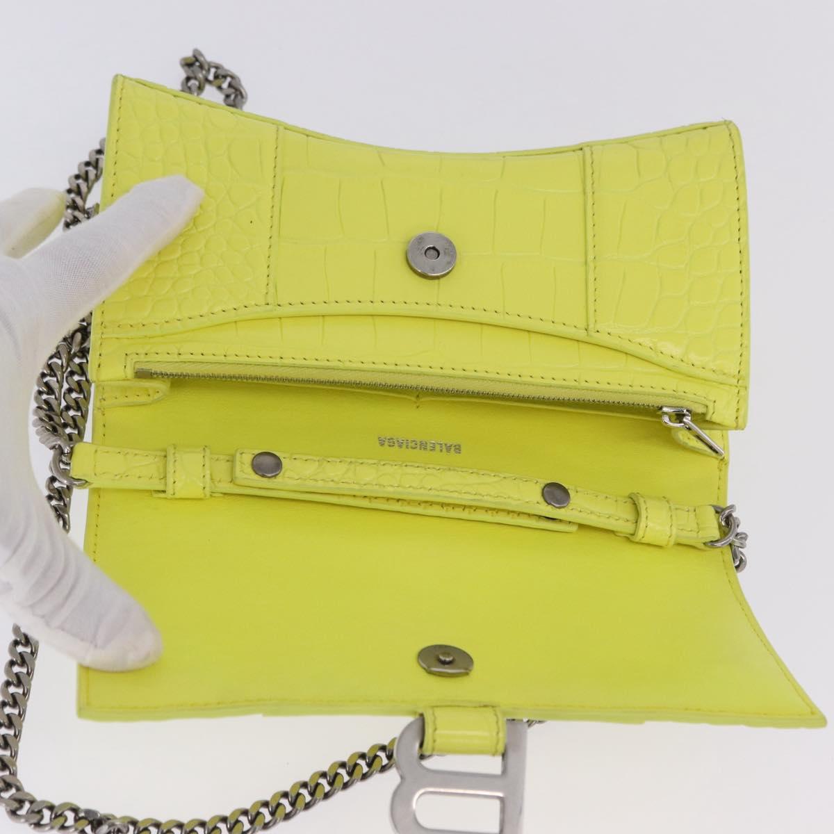 BALENCIAGA Chain Shoulder Bag Leather Croco Embossed Yellow Silver Auth ka5986M