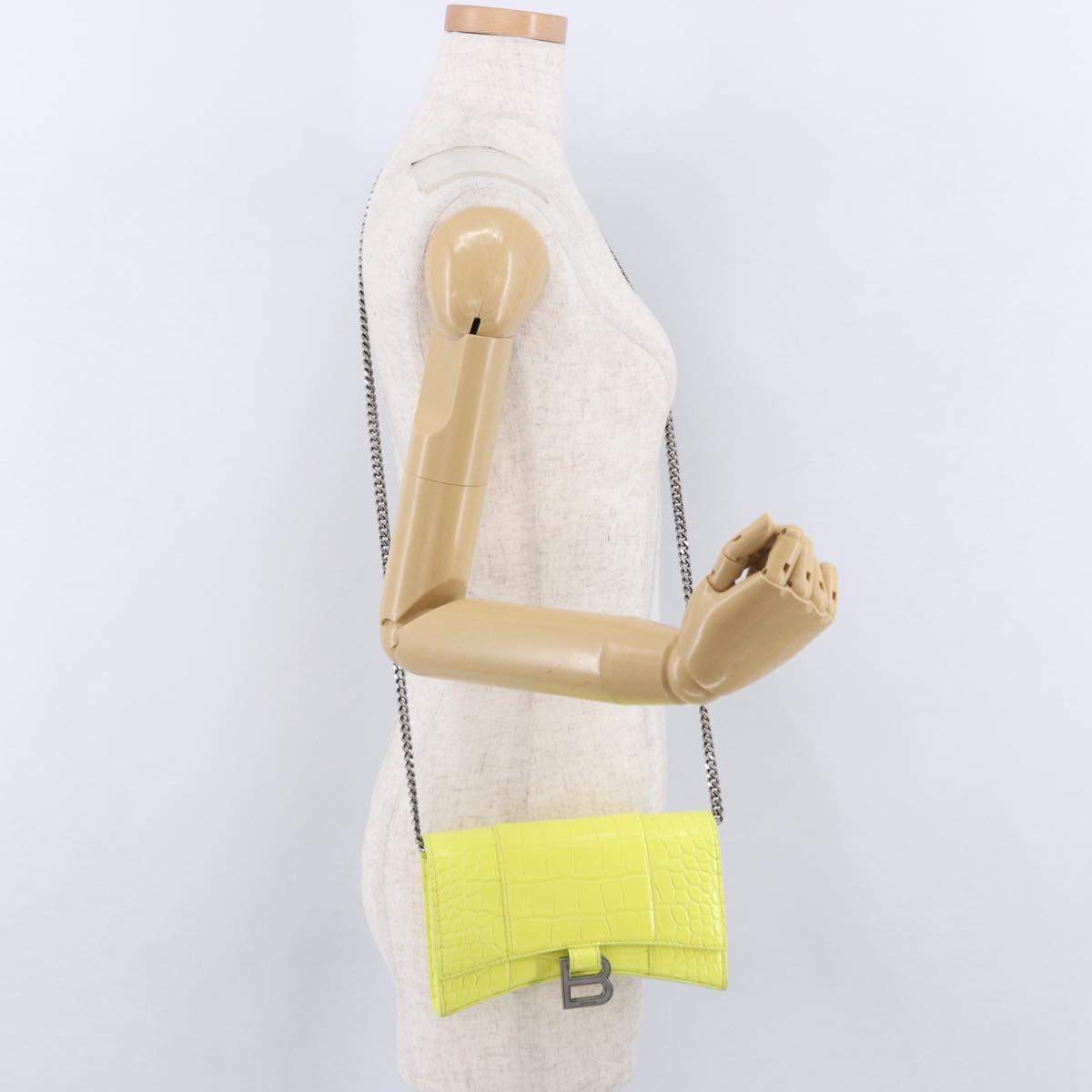 BALENCIAGA Chain Shoulder Bag Leather Croco Embossed Yellow Silver Auth ka5986M