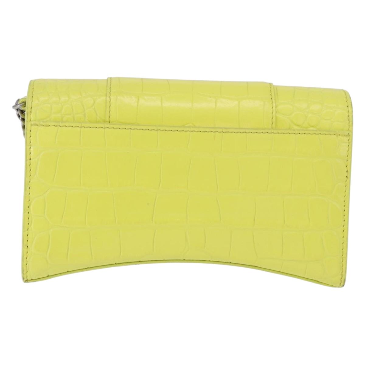 BALENCIAGA Chain Shoulder Bag Leather Croco Embossed Yellow Silver Auth ka5986M
