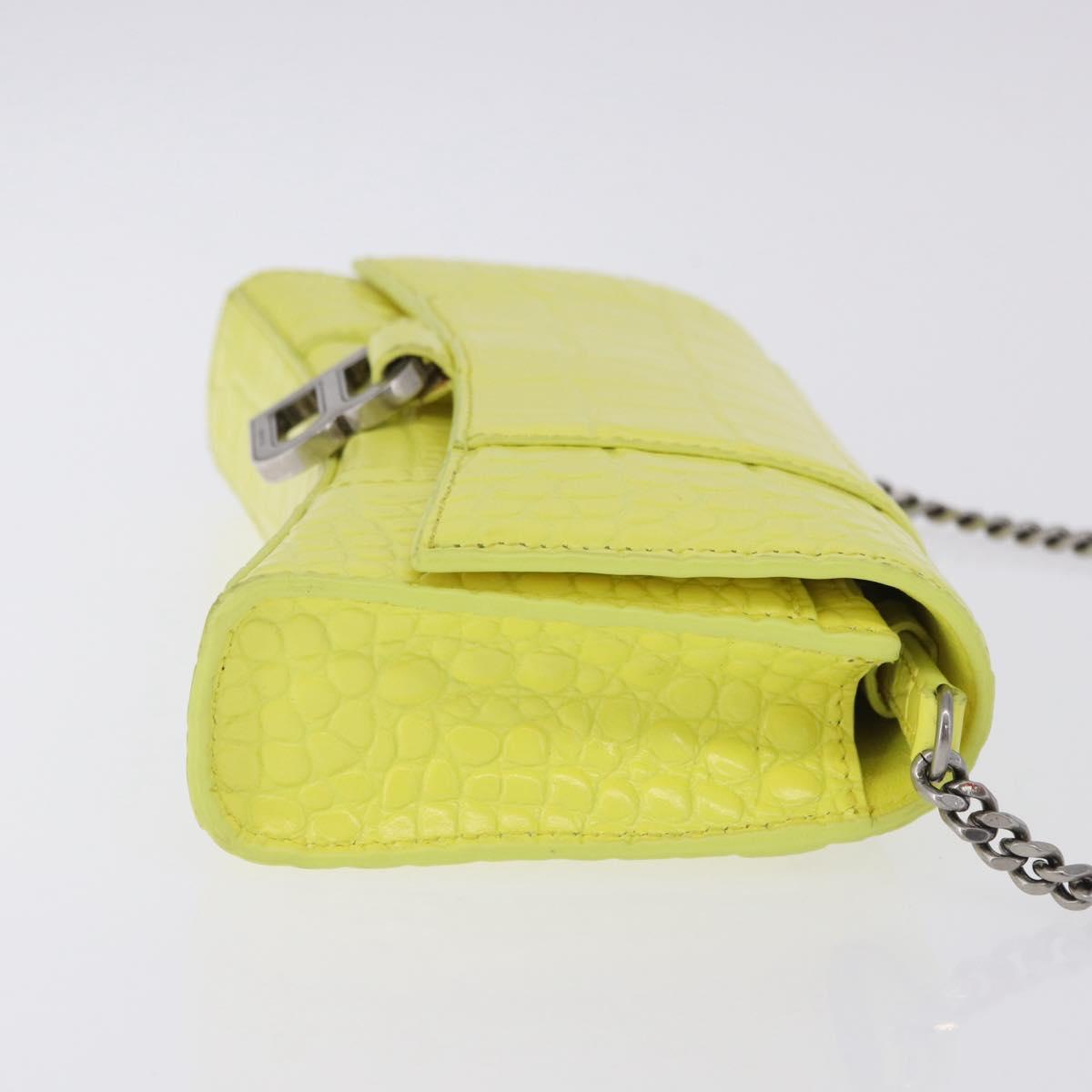 BALENCIAGA Chain Shoulder Bag Leather Croco Embossed Yellow Silver Auth ka5986M