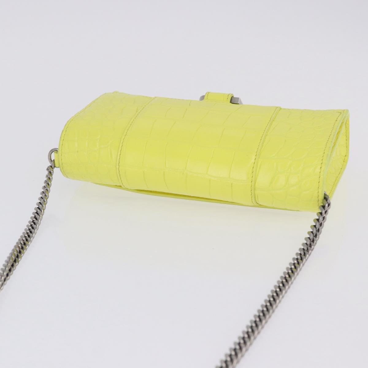 BALENCIAGA Chain Shoulder Bag Leather Croco Embossed Yellow Silver Auth ka5986M
