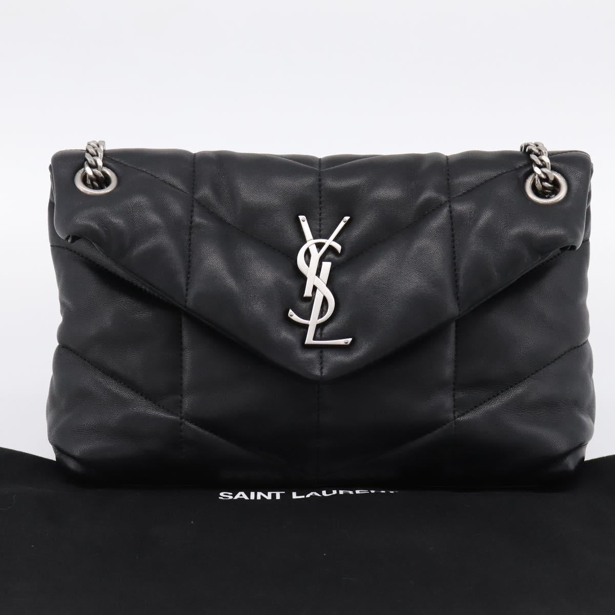 SAINT LAURENT Lulu Puffer Chain Shoulder Bag Leather Black Silver Auth ka5996SAM