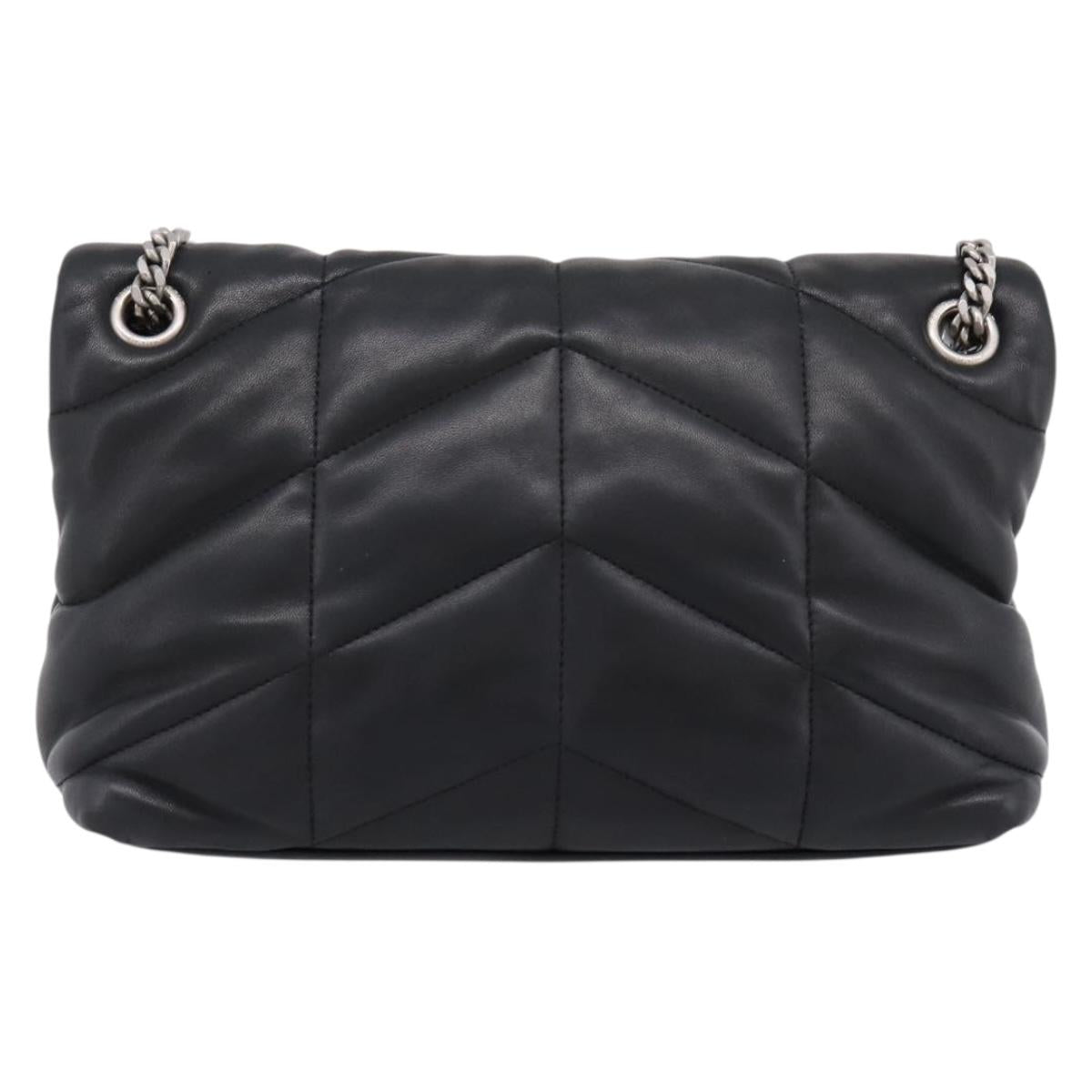 SAINT LAURENT Lulu Puffer Chain Shoulder Bag Leather Black Silver Auth ka5996SAM