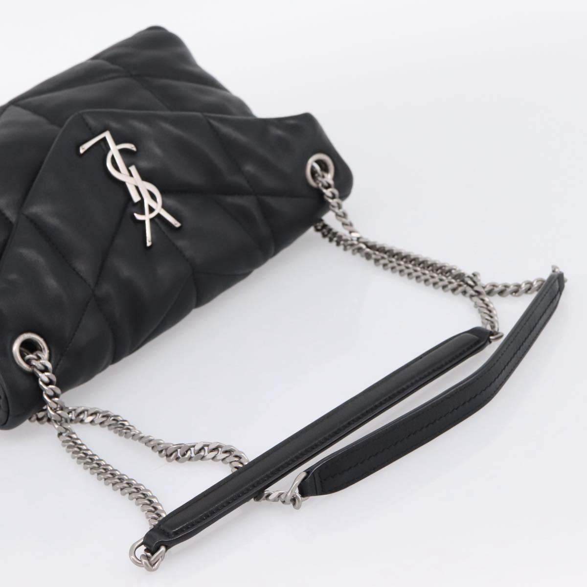 SAINT LAURENT Lulu Puffer Chain Shoulder Bag Leather Black Silver Auth ka5996SAM