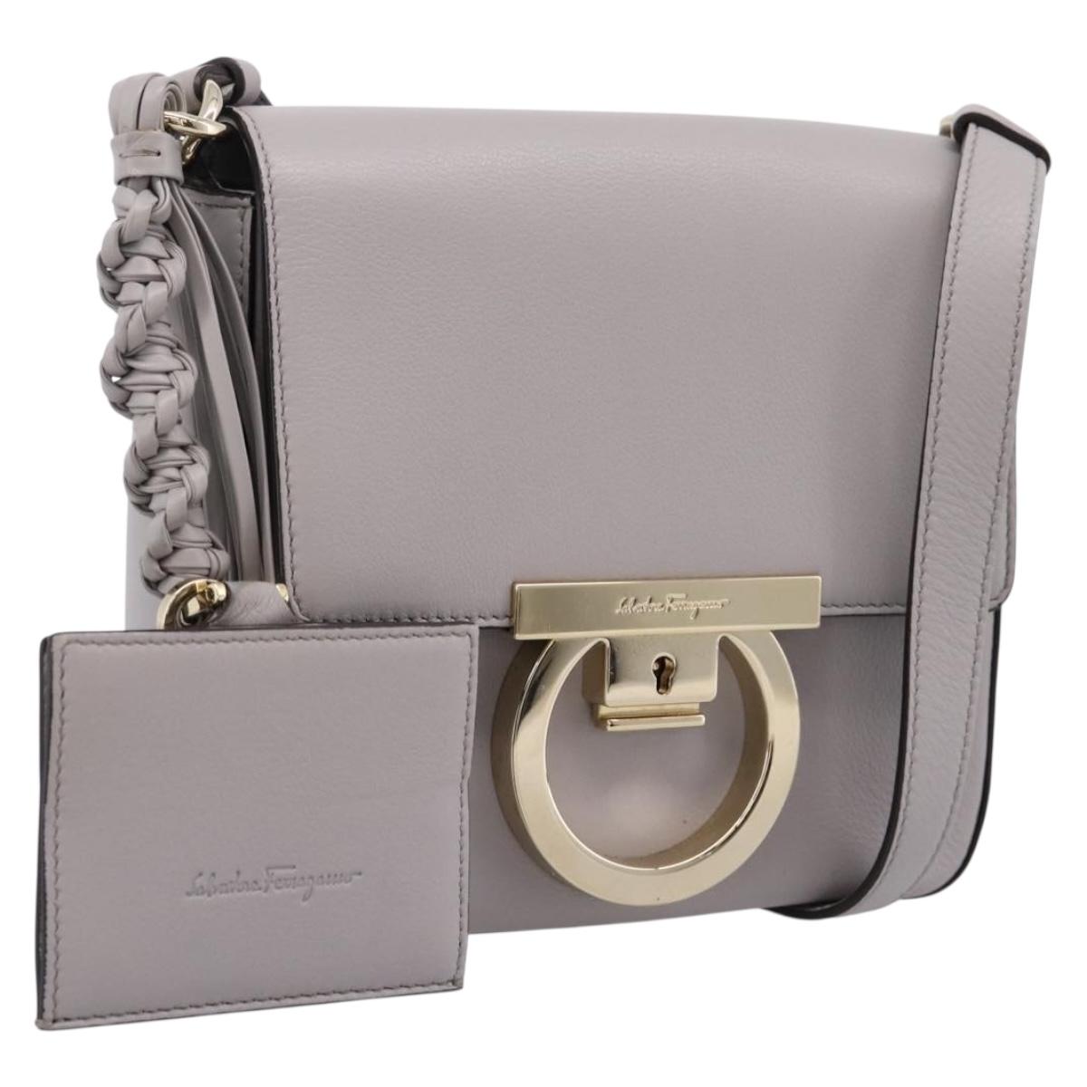 Salvatore Ferragamo Gancini Shoulder Bag Leather Gray Gold Auth ka6000V