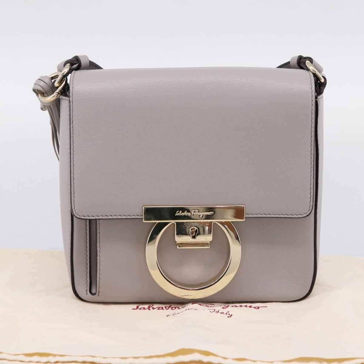 Salvatore Ferragamo Gancini Shoulder Bag Leather Gray Gold Auth ka6000V