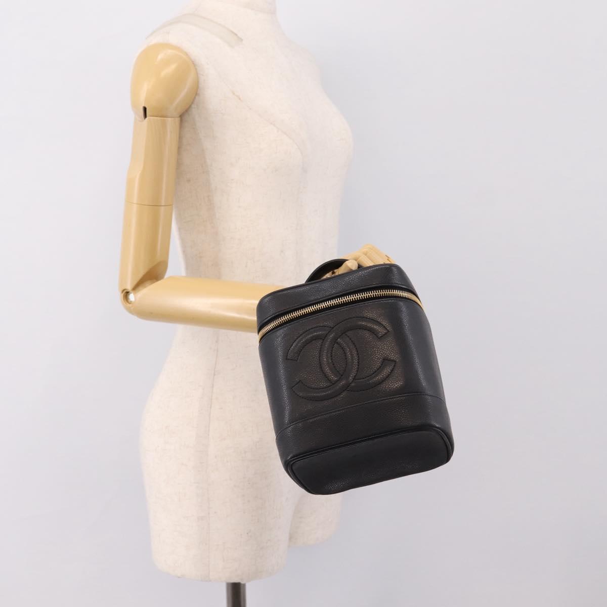 CHANEL COCO Mark Vanity Hand Bag Caviar Skin Black Gold CC Auth ka6003