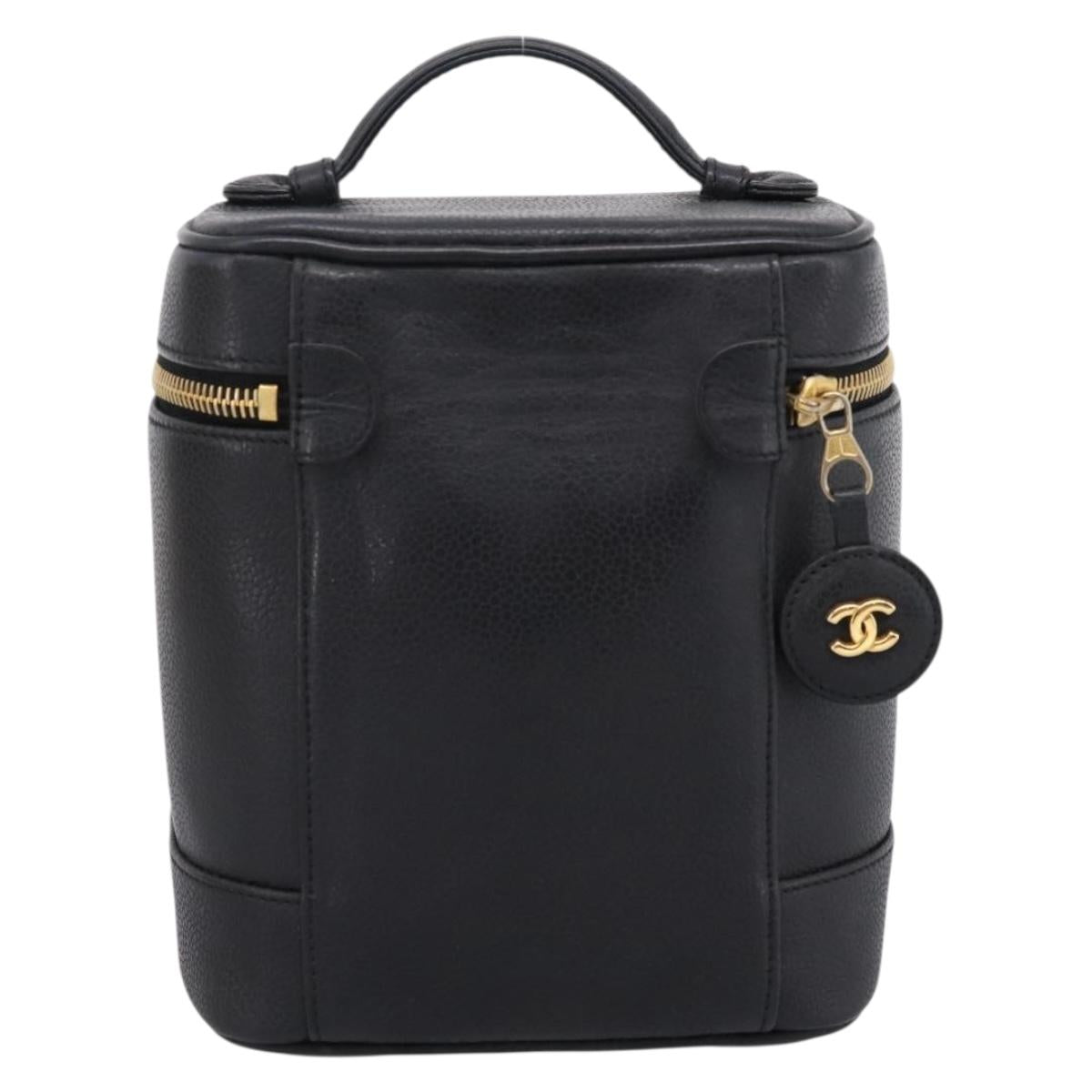 CHANEL COCO Mark Vanity Hand Bag Caviar Skin Black Gold CC Auth ka6003