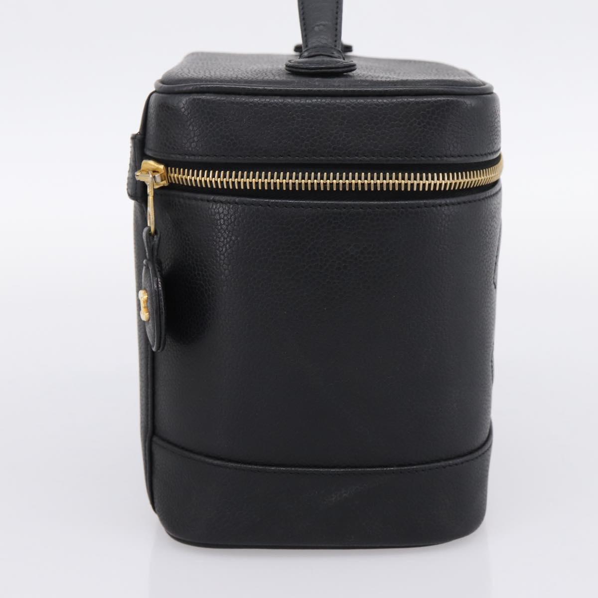 CHANEL COCO Mark Vanity Hand Bag Caviar Skin Black Gold CC Auth ka6003