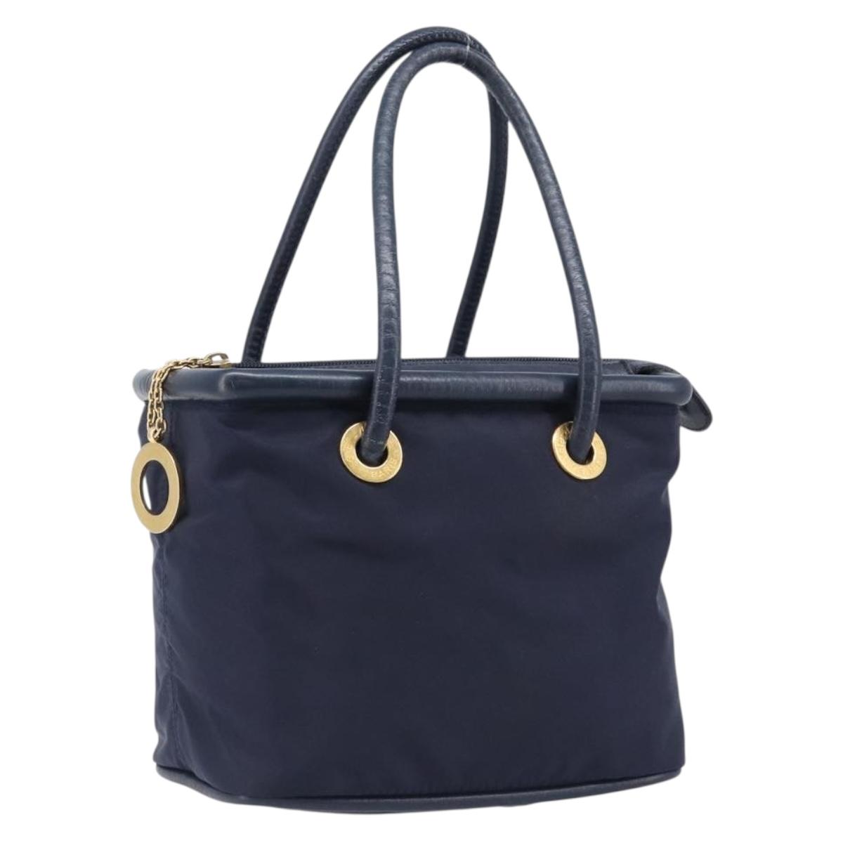 CELINE Hand Bag Nylon Navy Gold Auth ka6008