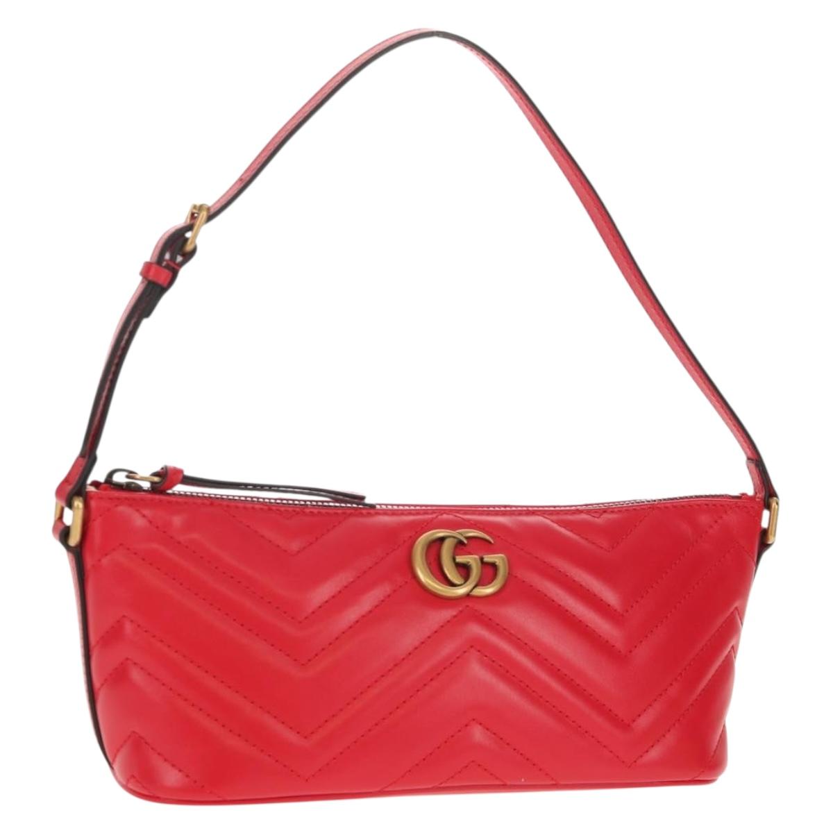 GUCCI GG Marmont Accessory Pouch Leather Red Gold 739166 Auth ka600V